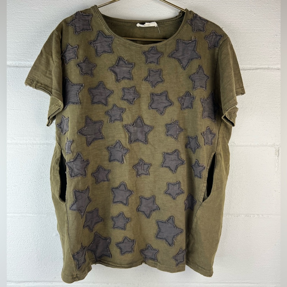 Blue Velvet Green Star Patch Oversized Tshirt w/Pockets, Small